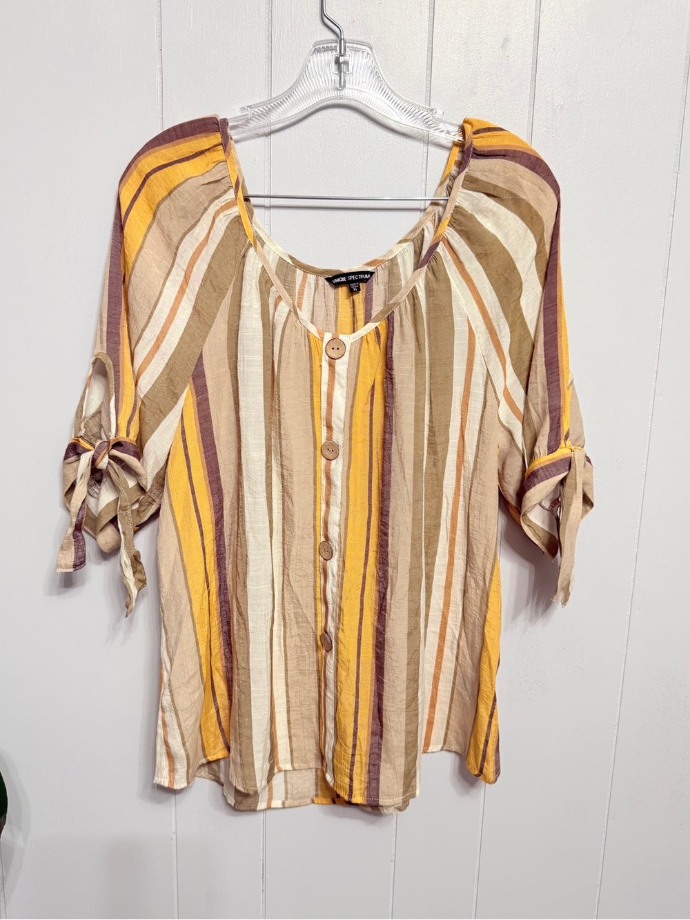 #14)  Unique Spectrum Striped Button-Detail Tie-Sleeve Top in Yellow, Cream, Bro